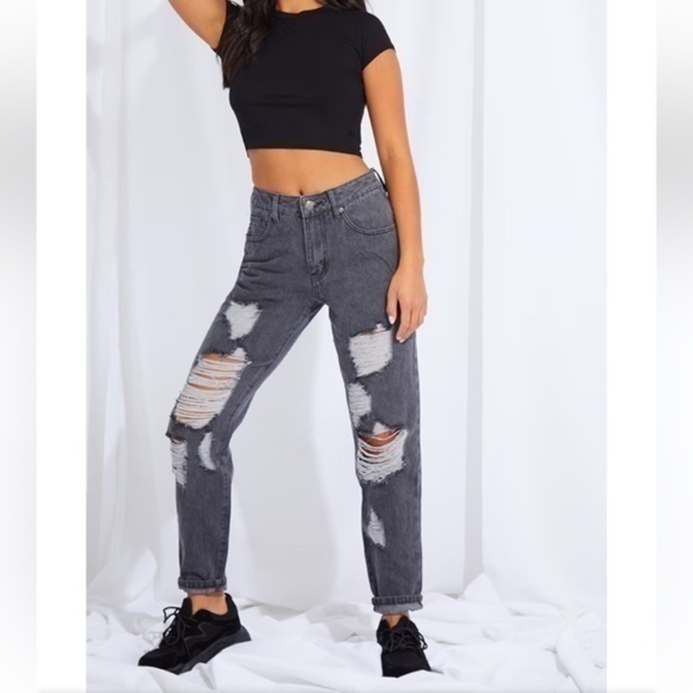 Zara Washed Black Destressed Highrise Jeans